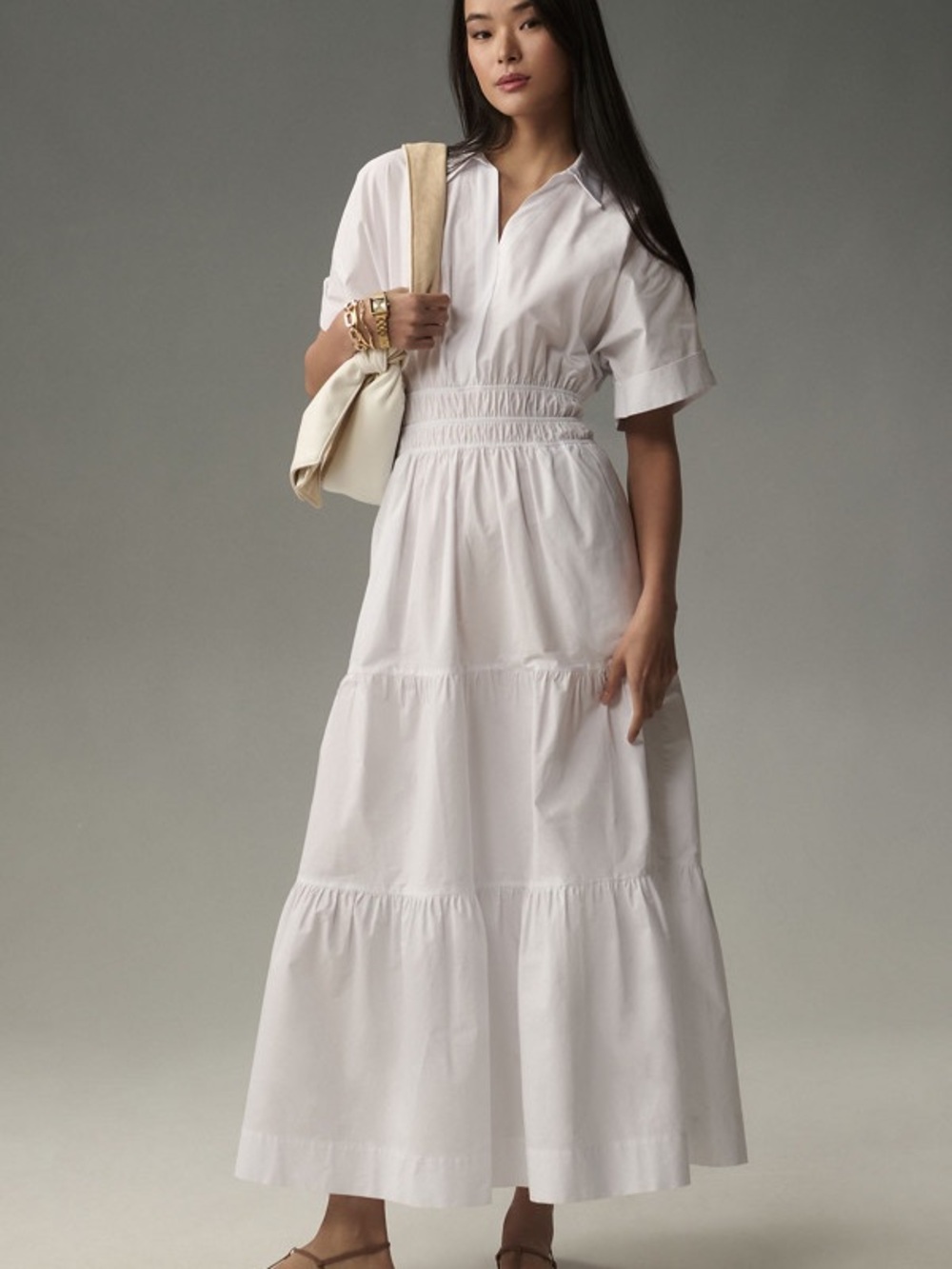 Anthropologie Somerset Maxi Shirtdress White Tiered ShirredWaist Cotton size L C